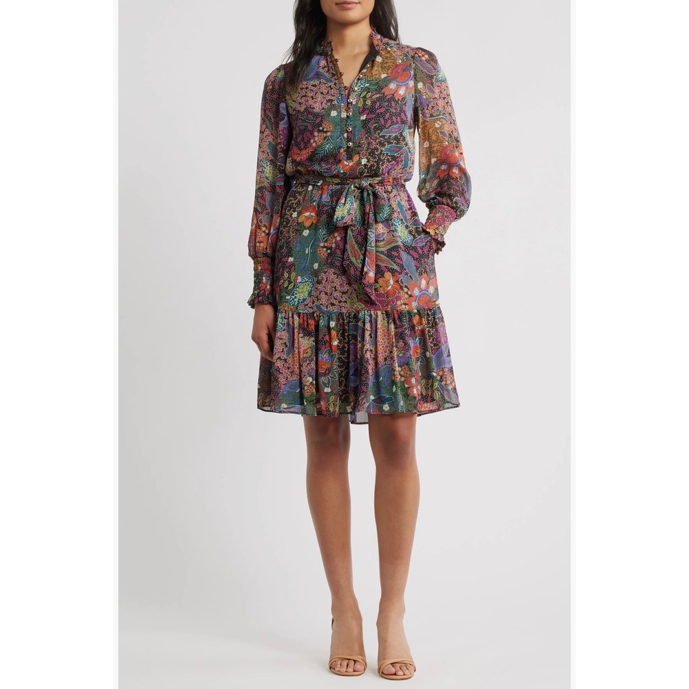 Vince Camuto Floral Paisley Long Sleeve Mini Dress Ruffle Neck Belted Colorful
